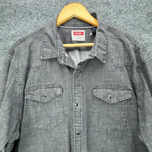 Wrangler Pearl Snap Denim Shirt Mens 2XL Gray Western Cowboy Rodeo Workwear - Picture 2 of 14